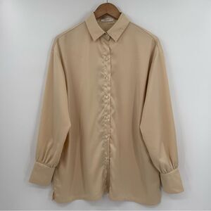 Peppermayo Satin Button Down Long Sleeve Blouse in Beige | Size 6
